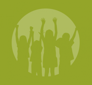 cdsa clipart style image of children holding their hands high on a green background