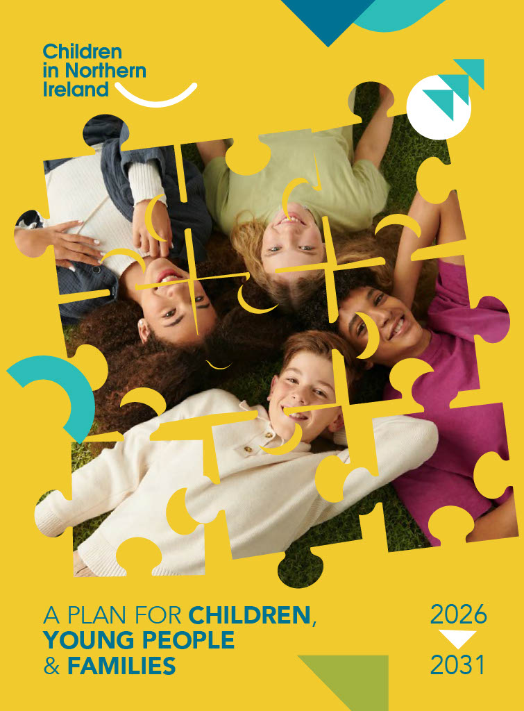 Front page of the CiNI Strategic Plan for children, young people and families. It shows jigsaw puzzle pieces with images of young people inside.