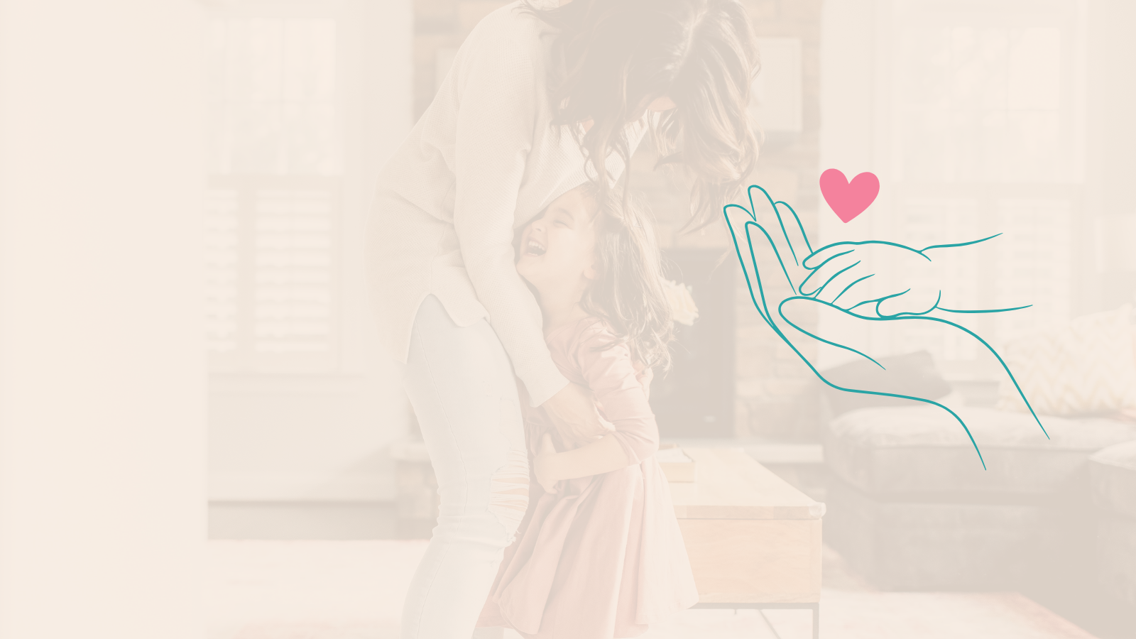 Mother and child dance in living room. It's overlayed with an image of an adult hand holding a childs hand with a heart above it.