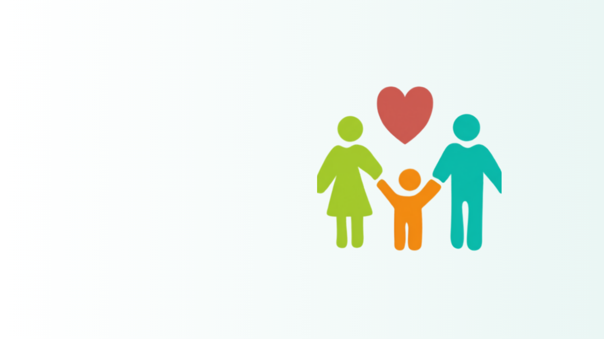 Clipart of parents and a child. They are holding hands and there is a red heart above them.